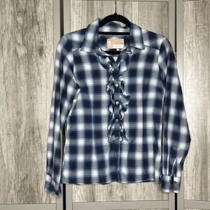 Yaya Top Button Down Shirt Plaid Ruffle Blue and White Size 34